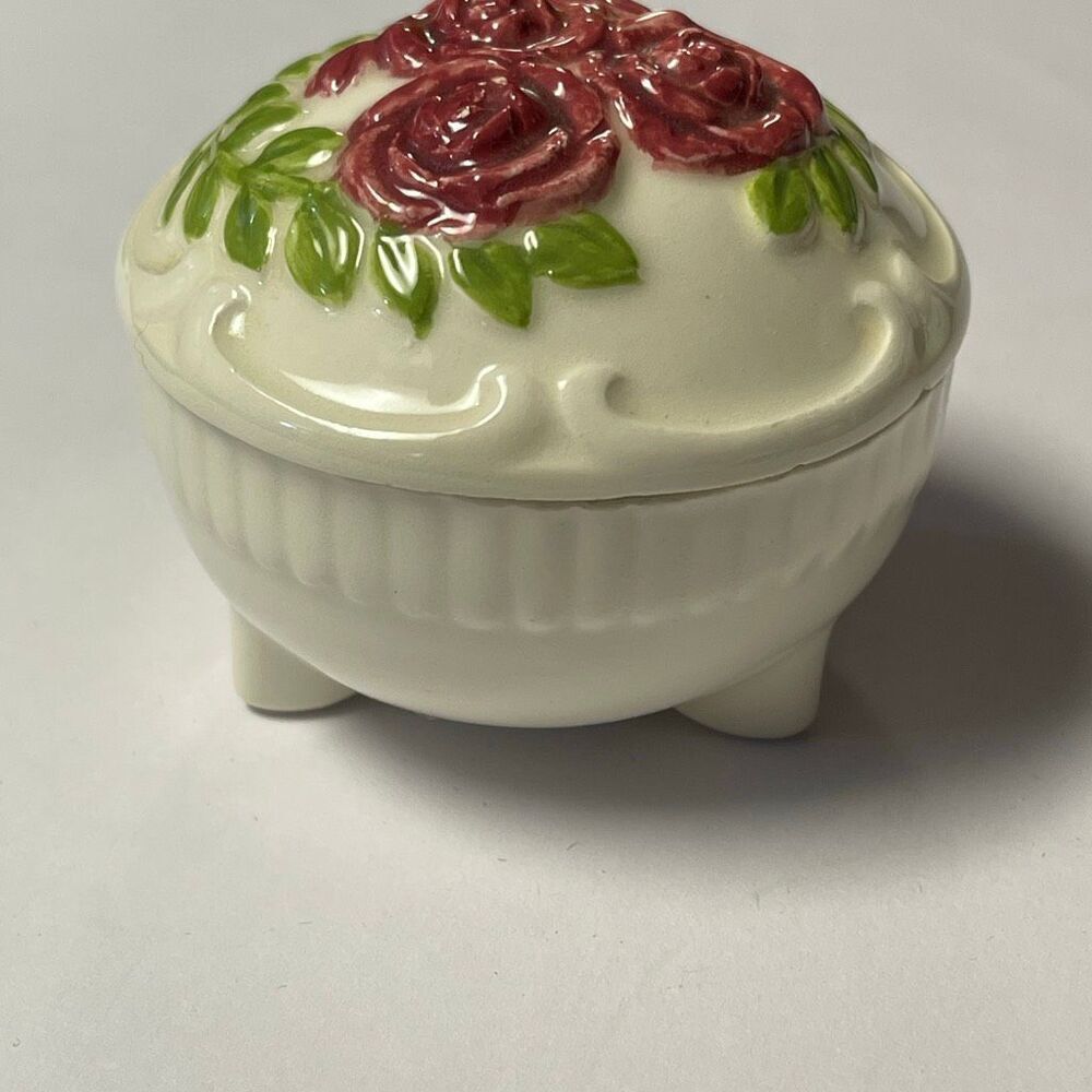 Vintage porcelain trinket box raised roses footed Victorian antique style shabby